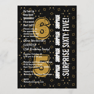 Convite SURPRESA 65º aniversário moderno Dourado e preto