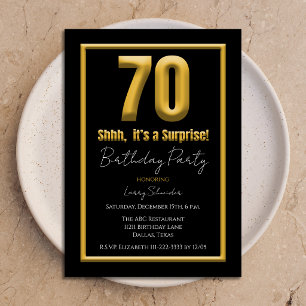 Convite Surpresa 70º Negrito 70 Preto e Dourado Aniversári