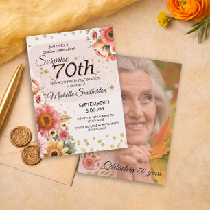 Convite Surpresa 70º Rosa Pêssego Floral Dourado Foto