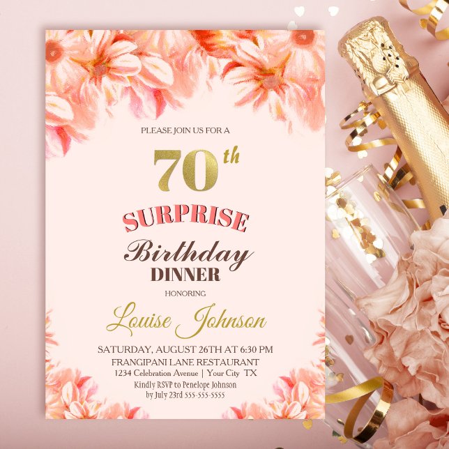 Convite Surpresa 70 Birthday Pink Dourado Janto Floral (Criador carregado)