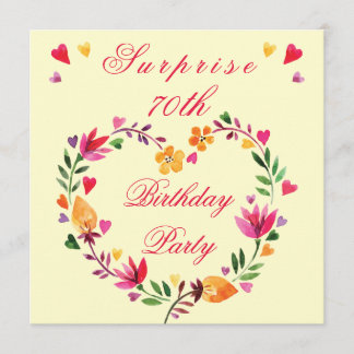 Convite Surpresa 70 Birthday Watercolor Floral Heart