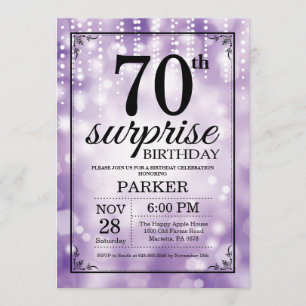 Convite Surpresa 70 de Aniversário Invocando Glitter Roxo