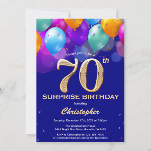 Convite Surpresa 70 de Aniversário Marinho Azul e Dourado