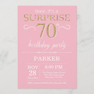 Convite Surpresa 70 de Aniversário Rosa e Dourada Brilhant