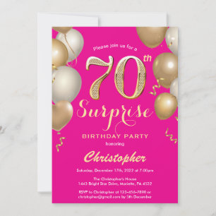 Convite Surpresa 70 de Aniversário Rosa Quente e Dourados
