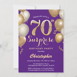 Convite Surpresa 70 de Aniversário Roxo e Balões Dourado