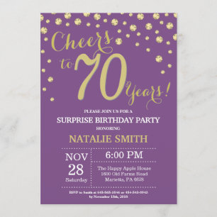 Convite Surpresa 70 de Aniversário Roxo e Diamante Dourado
