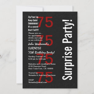 Convite SURPRESA 75.º Aniversário Vermelho Branco Preto 