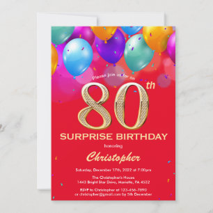Convite Surpresa 80 Birthday Red e Dourados Balões