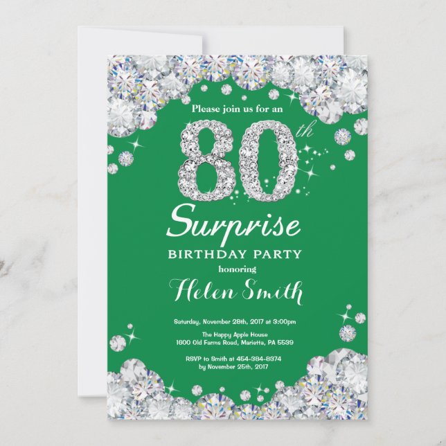 Convite Surpresa 80 de aniversário Green e Silver Diamond (Frente)