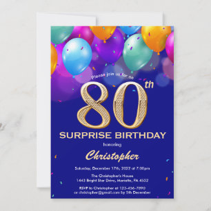 Convite Surpresa 80 de Aniversário Marinho Azul e Dourado