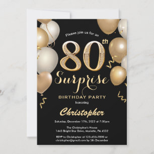 Convite Surpresa 80 de Aniversário Negro e Dourados Balõ
