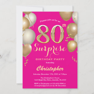 Convite Surpresa 80 de Aniversário Rosa Quente e Dourados