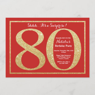 Convite Surpresa 80 de Aniversário Vermelho e Dourado Bril