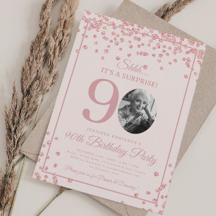 Convite Surpresa 90º Aniversário Rosa Dourado Confete Blus