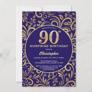 Convite Surpresa 90 de Aniversário Marinho Azul e Dourado 