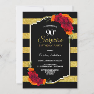 Convite Surpresa 90 de Aniversário Negro Dourado Floral R