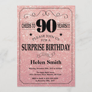 Convite Surpresa 90 de Aniversário Rosa Rosa Dourada Bril