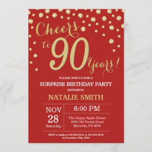 Convite Surpresa 90 de Aniversário Vermelho e Diamante Do