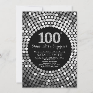 Convite Surpresa Aniversário de 100 anos Brilho Preto e Pr