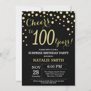 Convite Surpresa Aniversário de 100 anos Preto e Dourado D