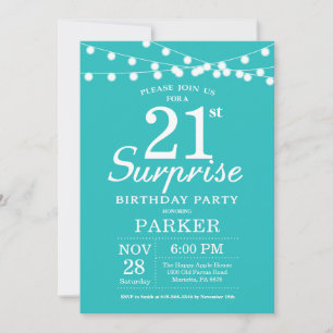 Convite Surpresa Aniversário de 21 anos Azul Turquesa