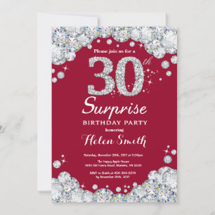 Convite Surpresa aniversário de 30 anos Burgundy Red Silve