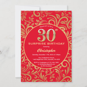 Convite Surpresa Aniversário de 30 anos Floral Vermelho e