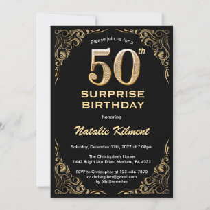 Convite Surpresa Aniversário de 50 anos Preto e Dourado Br
