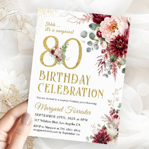 Convite Surpresa Aniversário de 80 anos Burgundy Dourado R
