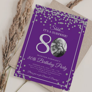 Convite SURPRESA Aniversário de 80 anos Confete Prata Roxo