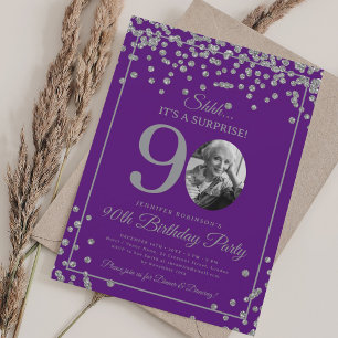 Convite SURPRESA Aniversário de 90 anos Confete Prata Roxo