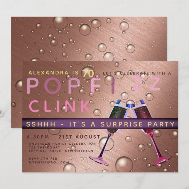 Convite Surpresa Aniversário Rosa Dourado Champanhe A QUAL (Frente/Verso)