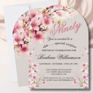 Convite SURPRESA Arco Floral Rosa Elegante 90º Aniversário