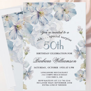 Convite SURPRESA Azul Floral Elegante 50º Aniversário