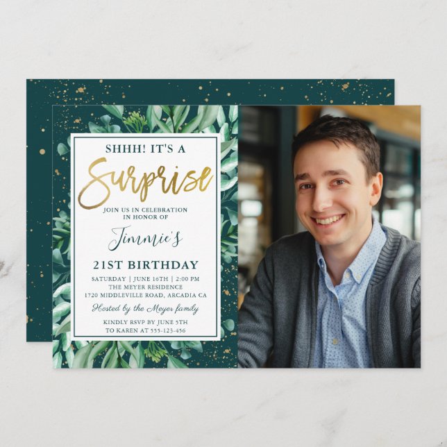 Convite Surpresa Birthday Chic Greenery Foto Dourada Glitt (Frente/Verso)