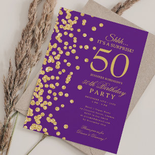 Convite Surpresa Brilho Dourado 50º Aniversário Roxo