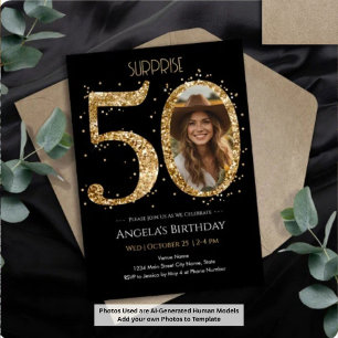 Convite Surpresa Brilho Dourado Aniversário de 50 anos Fot