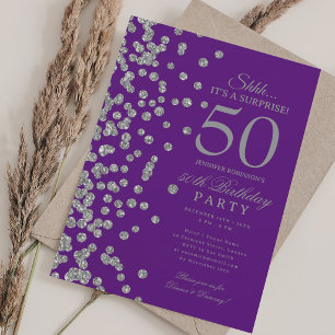 Convite Surpresa Brilho Prata 50º Aniversário Roxo