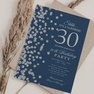 Convite Surpresa Brilho Prata Aniversário de 30 anos Azul-