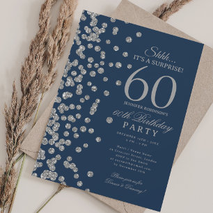 Convite Surpresa Brilho Prata Aniversário de 60 anos Azul 