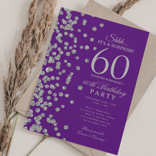 Convite Surpresa Brilho Prata Aniversário de 60 anos Roxo