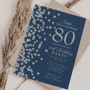 Convite Surpresa Brilho Prata Aniversário de 80 anos Azul-