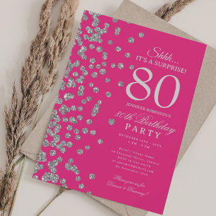 Convite Surpresa Brilho Prata Aniversário de 80 anos Rosa