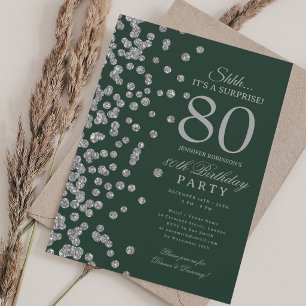 Convite Surpresa Brilho Prata Aniversário de 80 anos Verd