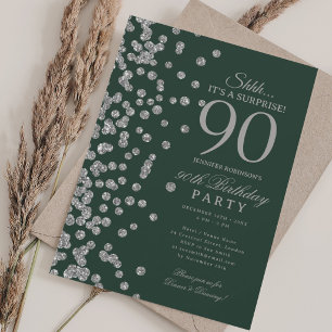 Convite Surpresa Brilho Prata Aniversário de 90 anos Verd