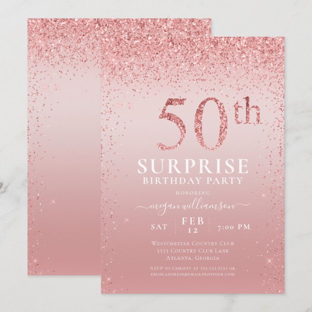 Convite Surpresa com brilho rosa 50º aniversário (Frente/Verso)