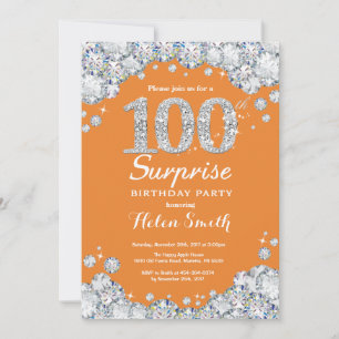 Convite Surpresa de 100º Aniversário Laranja e Diamante Pr