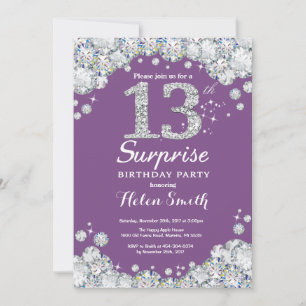 Convite Surpresa de 13º Aniversário Roxo e Prata Diamante