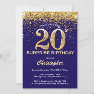 Convite Surpresa de 20º Aniversário Azul Marinho e Brilho